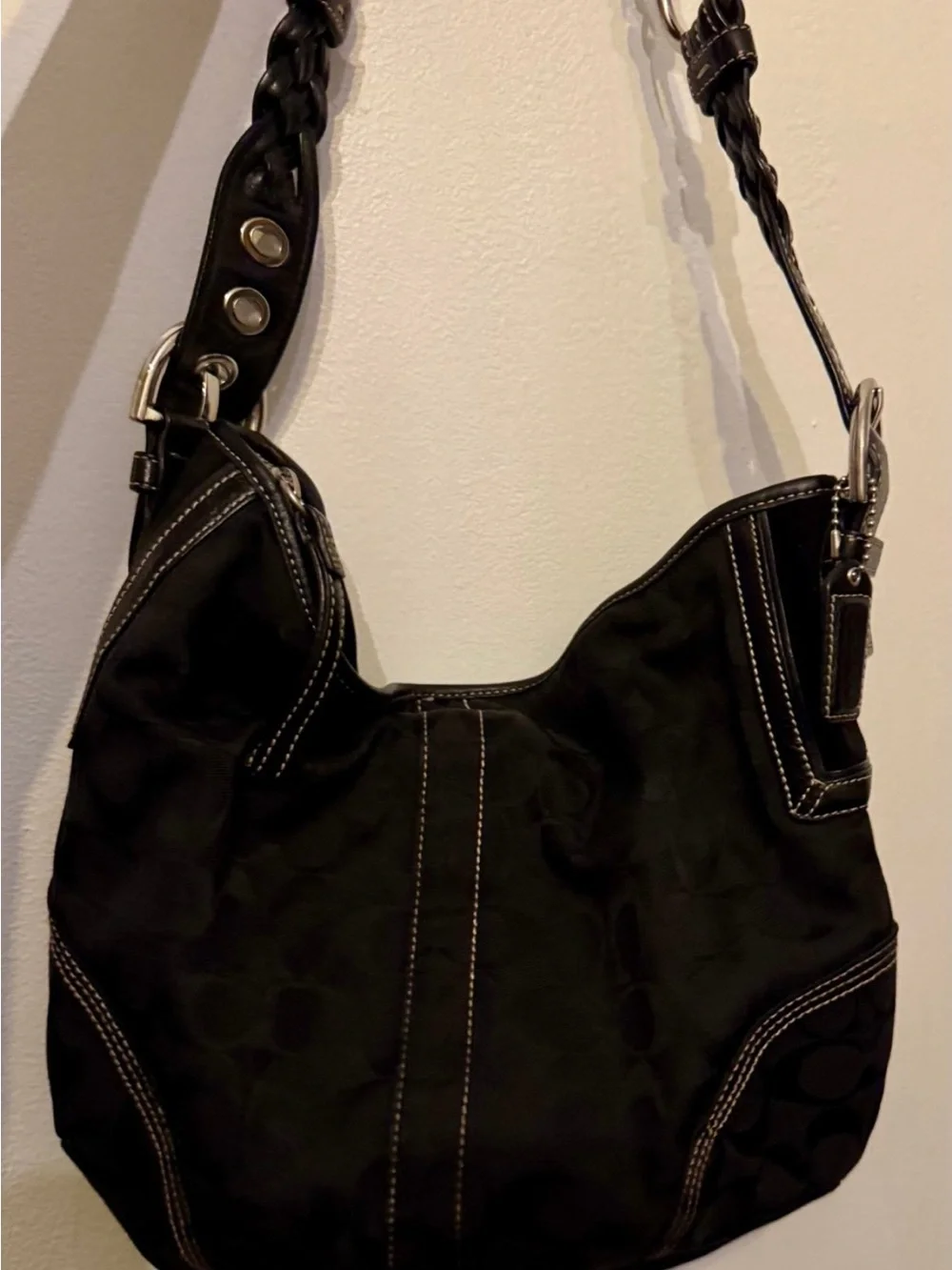Vintage Coach Soho Signature Jacquard Hobo Bag Braided Strap Black Y2K
